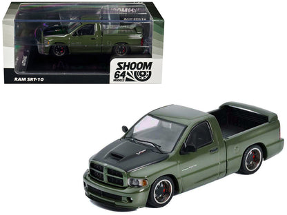 2003 Dodge Ram SRT-10 Pickup Truck Green Metallic with Matt Black Hood 1/64 Diecast Model Car by Shoom64 Models-1