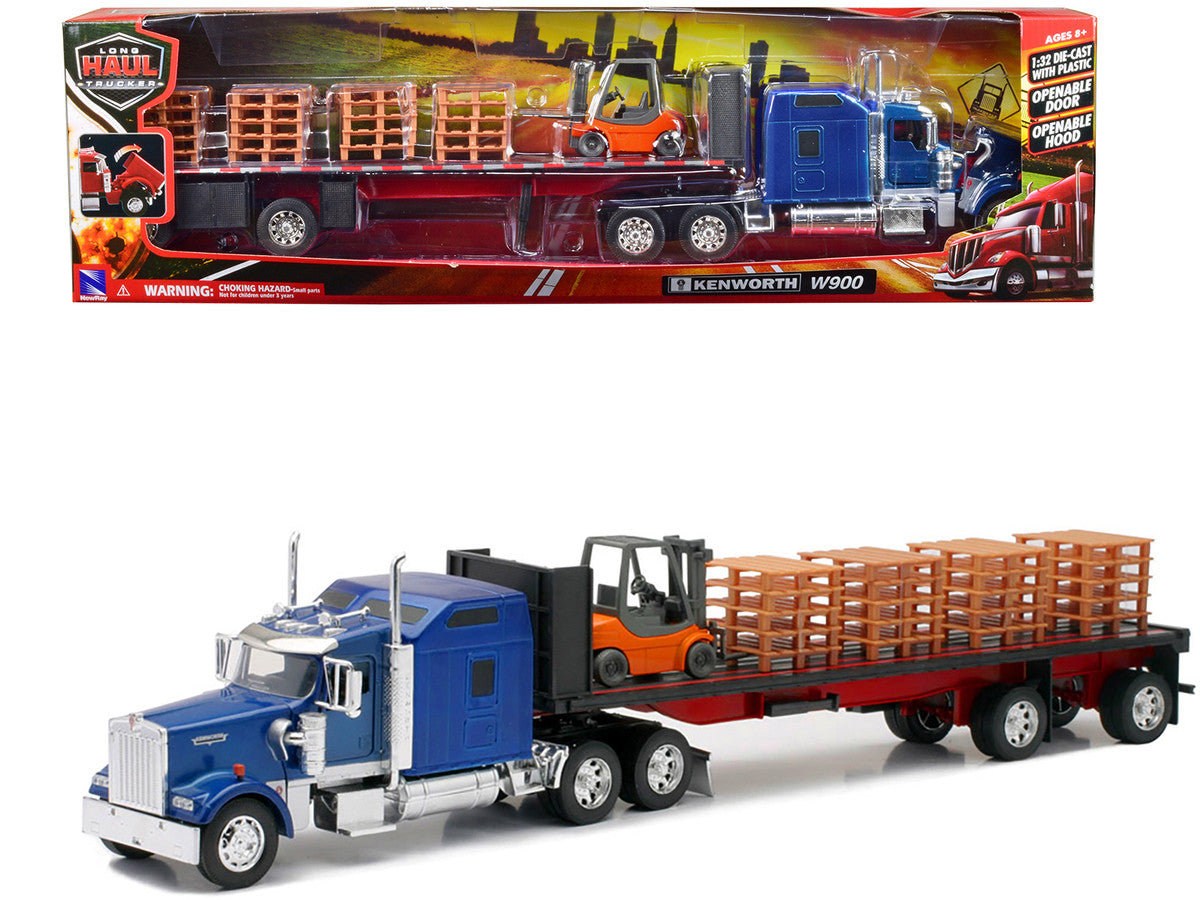 Kenworth W900 Truck with Flatbed Trailer Blue with Forklift and Pallets "Long Haul Truckers" Series 1/32 Diecast Model by New Ray by New Ray