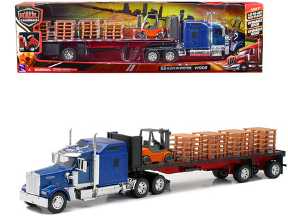 Kenworth W900 Truck with Flatbed Trailer Blue with Forklift and Pallets "Long Haul Truckers" Series 1/32 Diecast Model by New Ray by New Ray