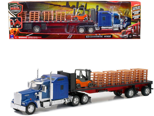 Kenworth W900 Truck with Flatbed Trailer Blue with Forklift and Pallets "Long Haul Truckers" Series 1/32 Diecast Model by New Ray by New Ray