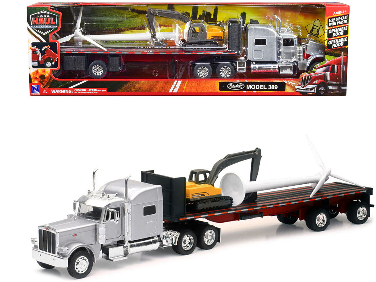Peterbilt 389 Truck with Flatbed Trailer Silver Metallic with Excavator and Wind Turbine "Long Haul Truckers" Series 1/32 Diecast Model by New Ray by New Ray