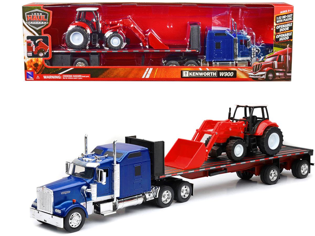 Kenworth W900 Truck with Flatbed Trailer Blue Metallic with Farm Tractor Red "Long Haul Truckers" Series 1/32 Diecast Model by New Ray by New Ray