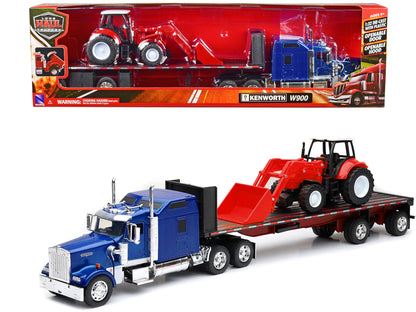 Kenworth W900 Truck with Flatbed Trailer Blue Metallic with Farm Tractor Red "Long Haul Truckers" Series 1/32 Diecast Model by New Ray by New Ray