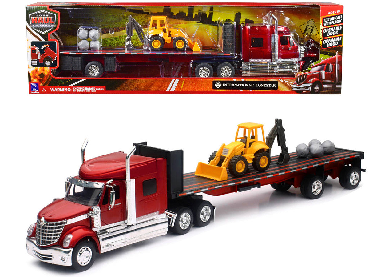 International Lonestar Truck with Flatbed Trailer Red Metallic with Front Loader and Rocks "Long Haul Truckers" Series 1/32 Diecast Model by New Ray by New Ray