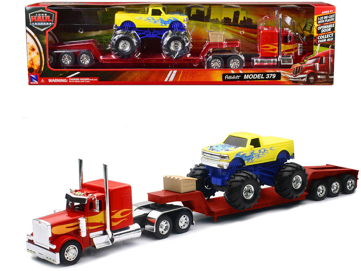 Peterbilt 379 Truck with Lowboy Trailer Red with Orange Flames and Monster Truck Yellow with Blue Flames "Long Haul Truckers" Series 1/32 Diecast Model by New Ray by New Ray