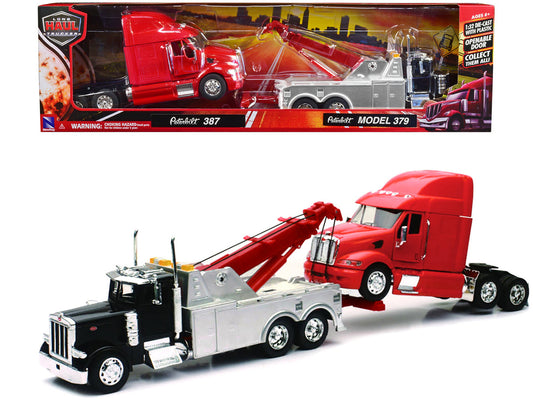Peterbilt 379 Tow Truck Black with Peterbilt 387 Truck Tractor Red Set of 2 pieces 1/32 Diecast Model by New Ray by New Ray