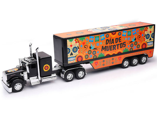 Kenworth W900 Truck Black with Graphics and Dry Van Trailer "Dia De Muertos" 1/32 Diecast Model by New Ray by New Ray