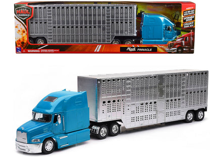 Mack Pinnacle Truck with Pot Belly Livestock Trailer Blue and Chrome "Long Haul Truckers" Series 1/32 Diecast Model by New Ray by New Ray