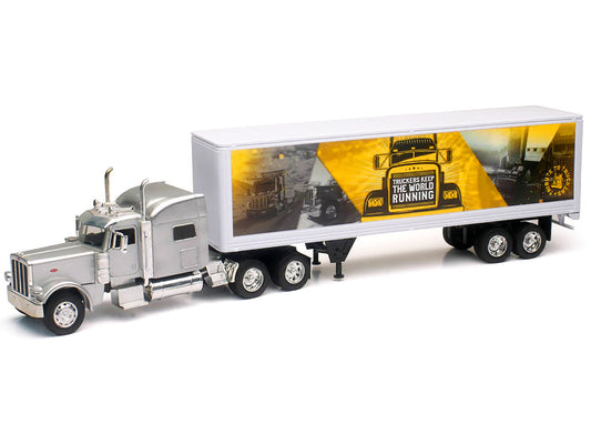 Peterbilt 389 Truck Silver Metallic with Dry Van Trailer "Trucker Keep The World Running" "Long Haul Truckers" Series 1/32 Diecast Model by New Ray by New Ray