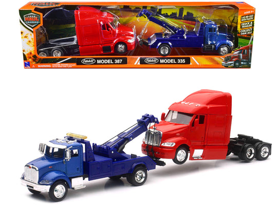 Peterbilt Model 335 Tow Truck Blue and Peterbilt Model 387 Cab Red Set of 2 Pieces 1/43 by New Ray by New Ray