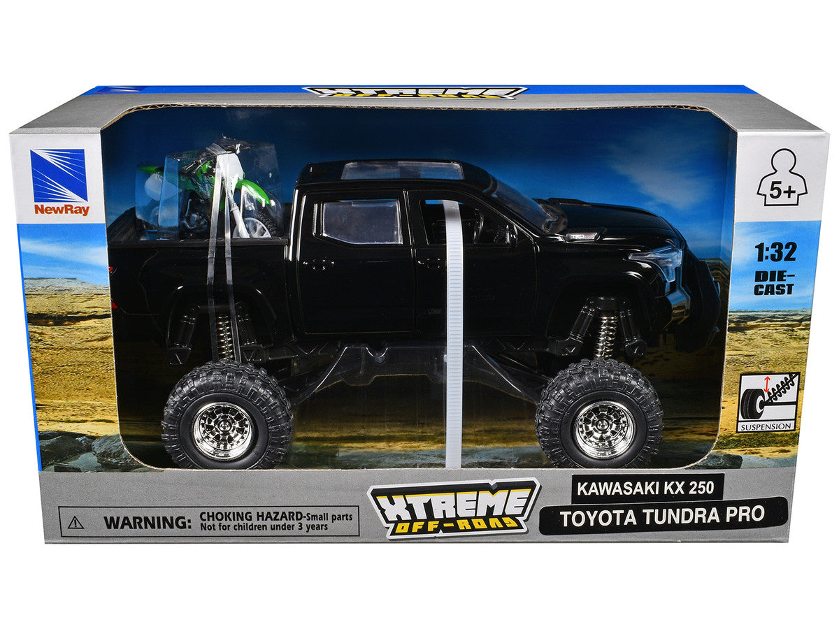 Toyota Tundra Pro Pickup Truck Black and Kawasaki KX 250 Motorcycle Green and White "Xtreme Off-Road" Series 1/32 Diecast Models by New Ray by New Ray