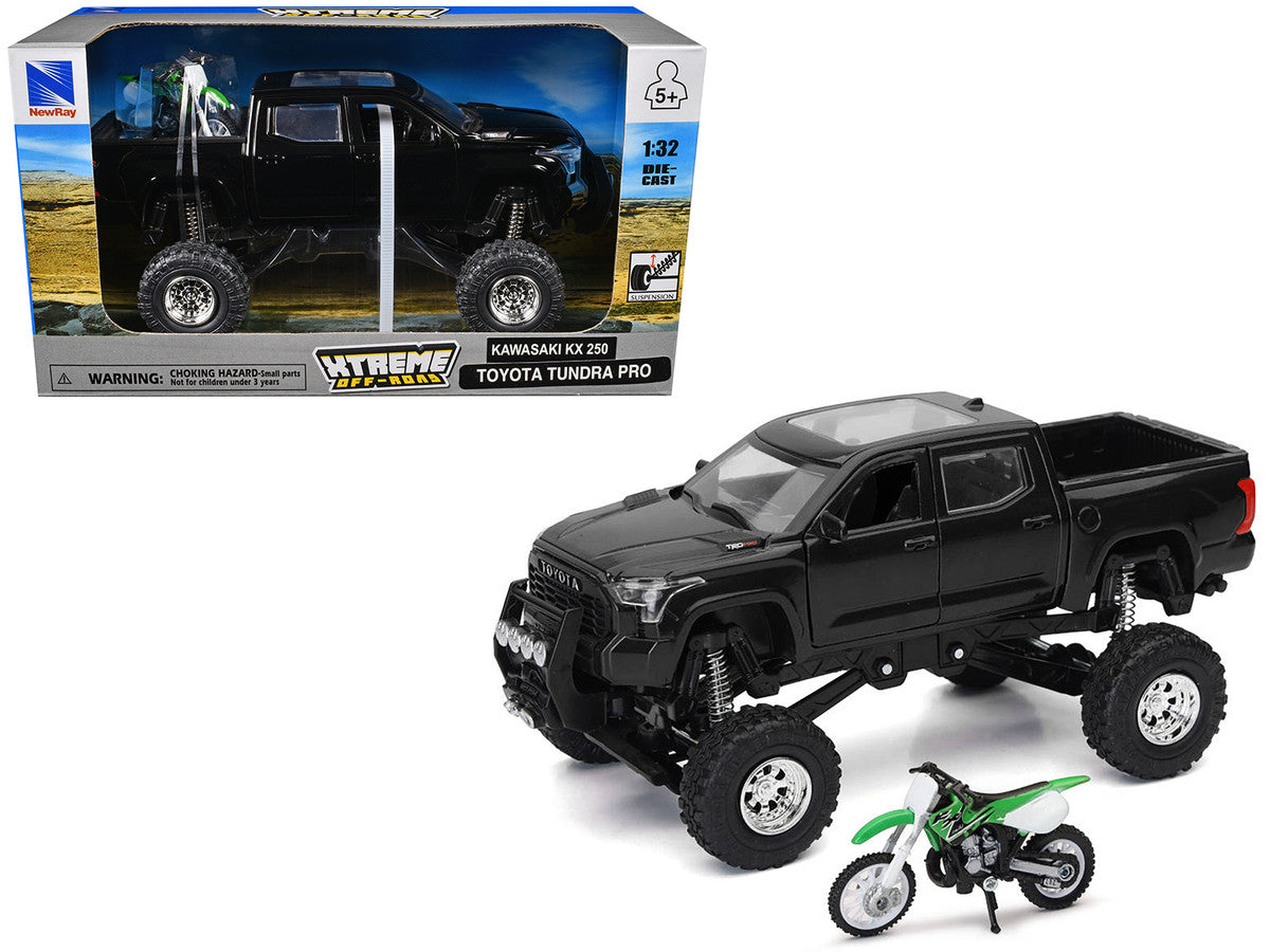 Toyota Tundra Pro Pickup Truck Black and Kawasaki KX 250 Motorcycle Green and White "Xtreme Off-Road" Series 1/32 Diecast Models by New Ray by New Ray