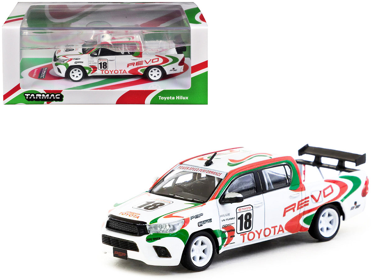 Toyota Hilux Pickup Truck RHD (Right Hand Drive) #18 White with Red and Green Graphics "Hobby64" Series 1/64 Diecast Model Car by Tarmac Works by Tarmac Works