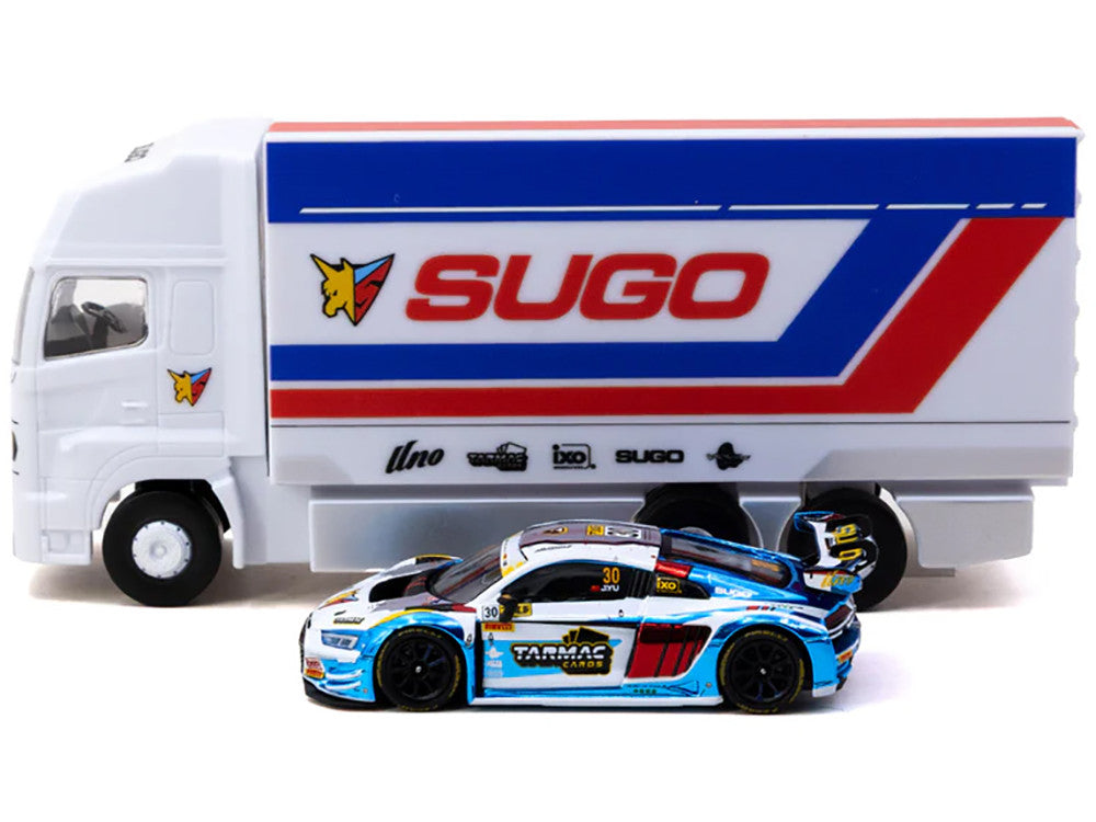 Audi R8 LMS GT3 evo II #30 James Yu "Uno Racing Team" "Macau GT Cup - FIA GT World Cup" (2024) with Plastic Transporter Packaging and Collectible Tarmac Cards "Hobby64" Series 1/64 Diecast Model Car by Tarmac Works by Tarmac Works