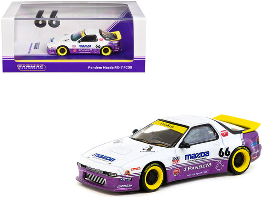 Mazda RX-7 FC3S Pandem RHD (Right Hand Drive) #66 White and Purple with Graphics "Hobby64" Series 1/64 Diecast Model Car by Tarmac Works by Tarmac Works