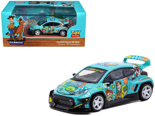 Toyota Pandem GR Yaris RHD (Right Hand Drive) "Toy Story 30th Anniversary" Blue with Graphics with Tarmac Cards "Hobby64" Series 1/64 Diecast Model by Tarmac Works by Tarmac Works