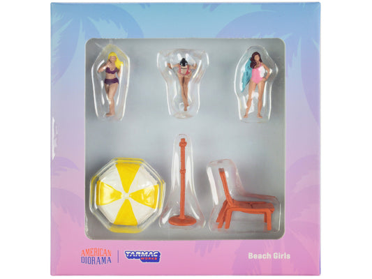 "Beach Girls" 5 piece Diecast Figure Set (3 Female Figures and 2 Beach Accessories) for 1/64 Scale Models by Tarmac Works & American Diorama by Tarmac Works