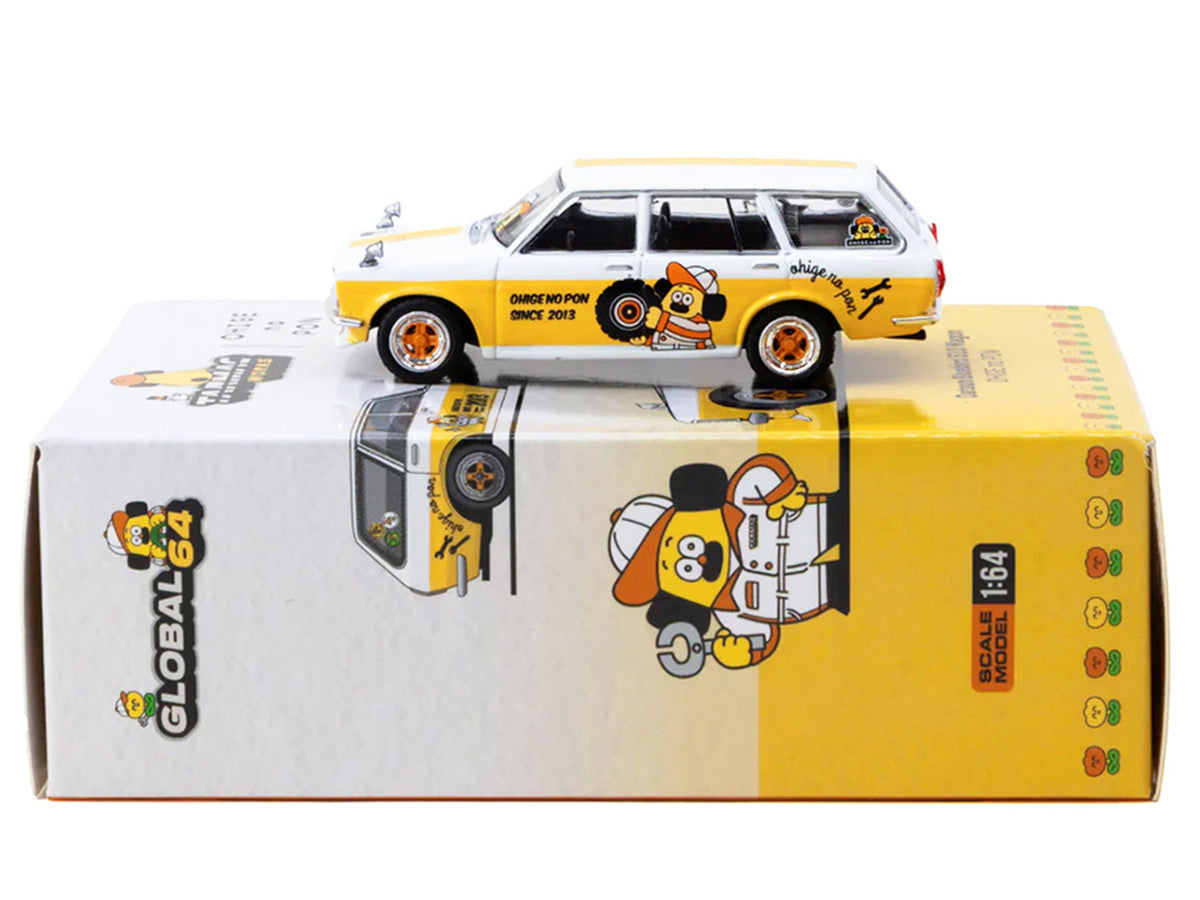 Datsun Bluebird 510 Wagon "Ohige no Pon" White with Orange Stripes and Graphics "Global64" Series 1/64 Diecast Model Car by Tarmac Works by Tarmac Works
