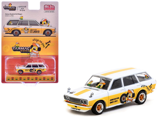 Datsun Bluebird 510 Wagon "Ohige no Pon" White with Orange Stripes and Graphics "Global64" Series 1/64 Diecast Model Car by Tarmac Works by Tarmac Works