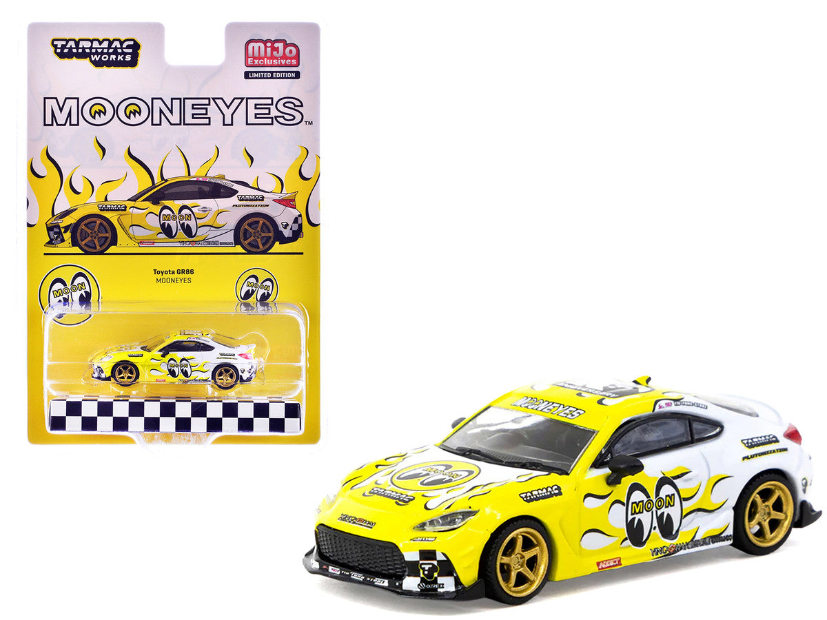 Toyota GR86 RHD (Right Hand Drive) "MoonEyes" White with Yellow Flames and Graphics "Global64" Series 1/64 Diecast Model by Tarmac Works by Tarmac Works