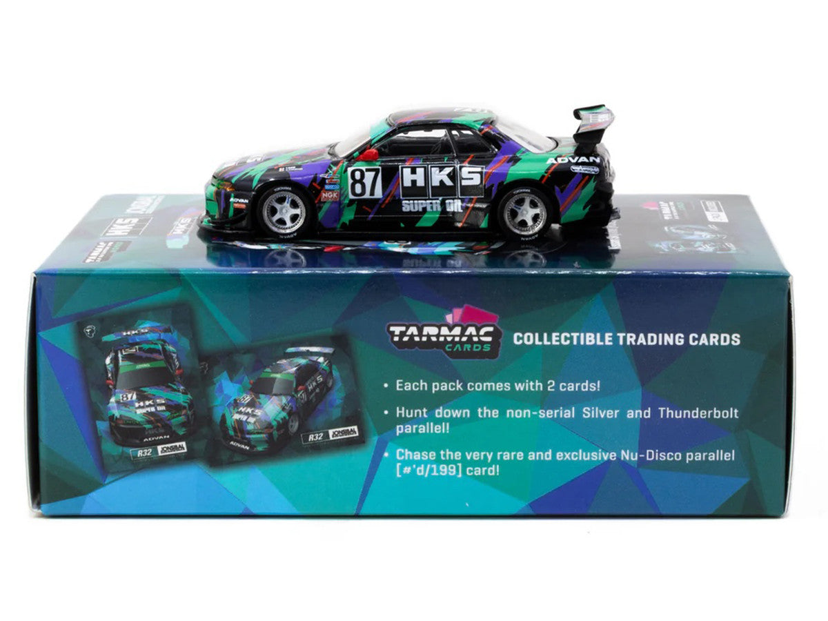 Nissan Skyline (R32) Widebody RHD (Right Hand Drive) #87 "HKS - Designed by Jon Sibal" Black with Graphics with Tarmac Cards "Global64" Series 1/64 Diecast Model Car by Tarmac Works by Tarmac Works