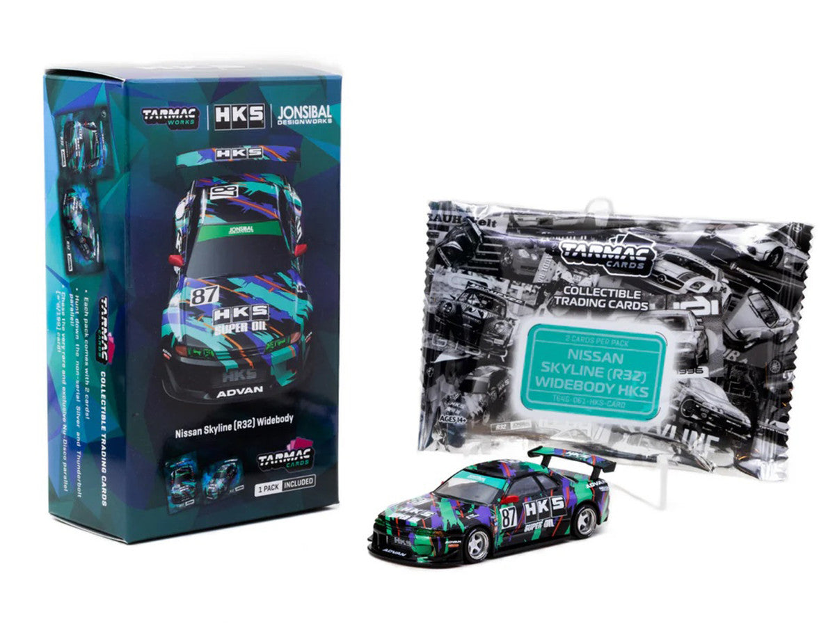Nissan Skyline (R32) Widebody RHD (Right Hand Drive) #87 "HKS - Designed by Jon Sibal" Black with Graphics with Tarmac Cards "Global64" Series 1/64 Diecast Model Car by Tarmac Works by Tarmac Works