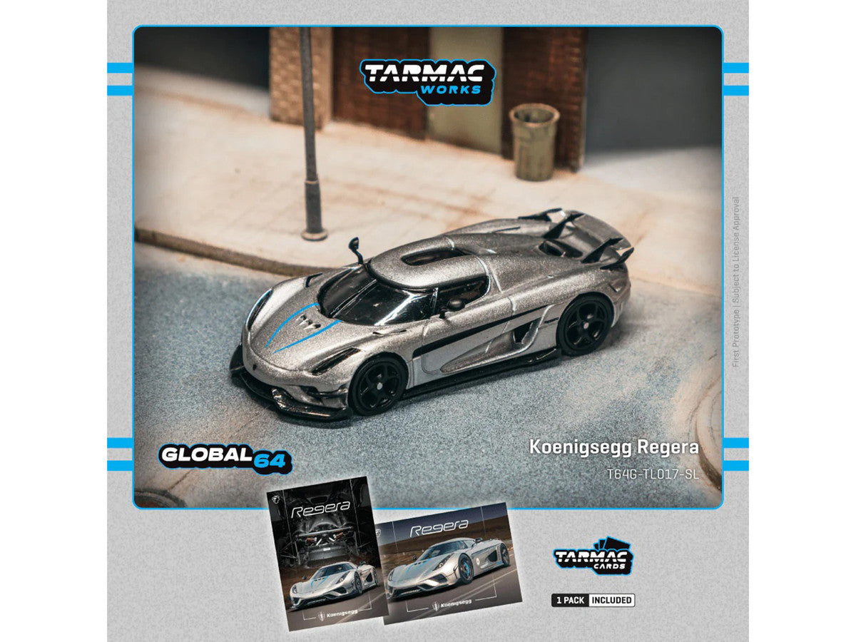 Koenigsegg Regera Silver Metallic with Blue Accents and Collectible Tarmac Cards "Global64" Series 1/64 Diecast Model Car by Tarmac Works by Tarmac Works