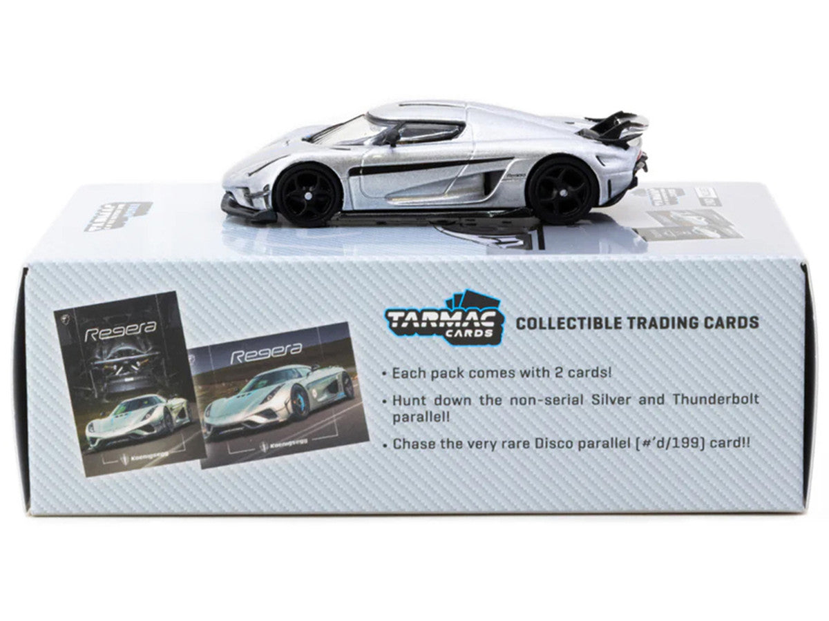 Koenigsegg Regera Silver Metallic with Blue Accents and Collectible Tarmac Cards "Global64" Series 1/64 Diecast Model Car by Tarmac Works by Tarmac Works