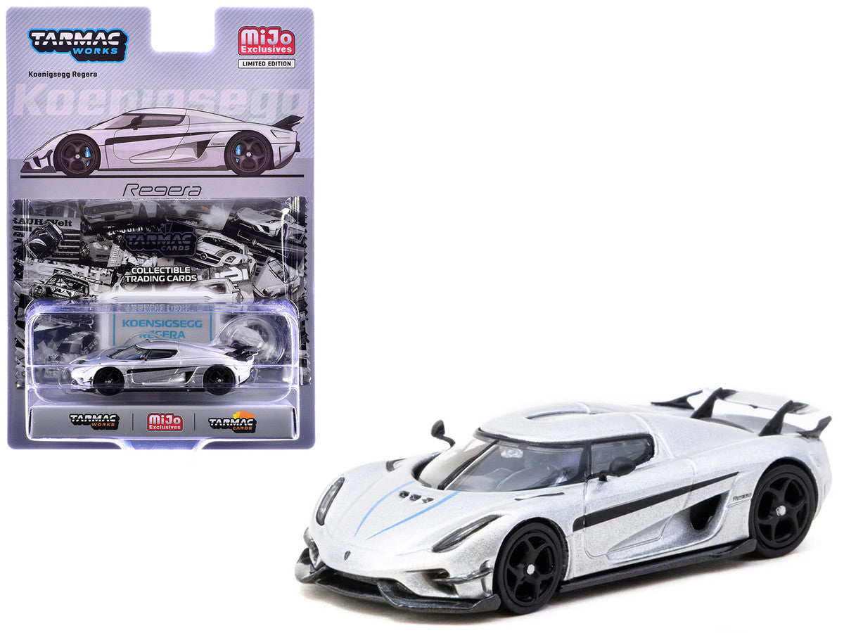 Koenigsegg Regera Silver Metallic with Blue Accents and Collectible Tarmac Cards "Global64" Series 1/64 Diecast Model Car by Tarmac Works by Tarmac Works