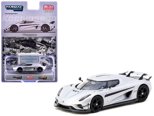 Koenigsegg Regera Silver Metallic with Blue Accents and Collectible Tarmac Cards "Global64" Series 1/64 Diecast Model Car by Tarmac Works by Tarmac Works