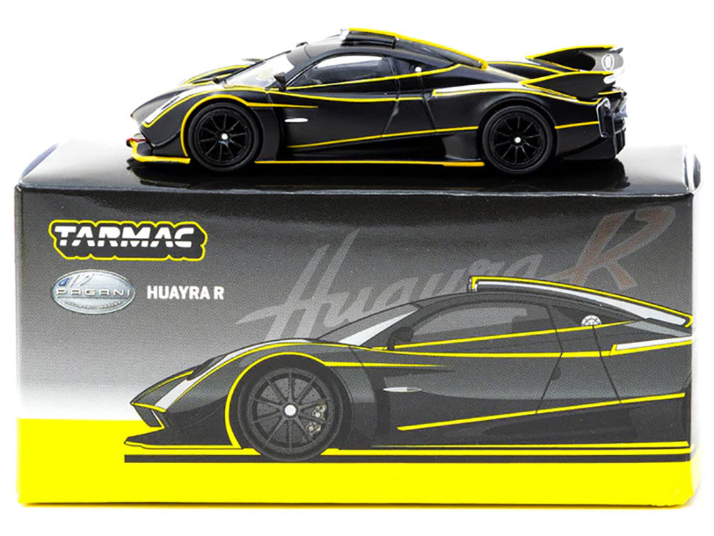 Pagani Huayra R Matt Black with Silver Accents and Yellow Stripes "Global64" Series 1/64 Diecast Model by Tarmac Works by Tarmac Works