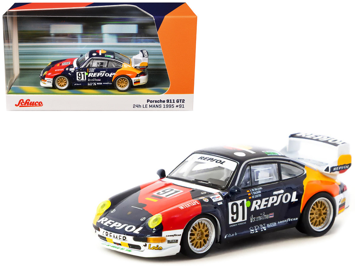 Porsche 911 GT2 #91 Tomas Saldana - Miguel Angel de Castro - Prince Alfonso de Orleans-Borbon "Kremer Racing - Repsol" "24 Hours of Le Mans" (1995) "Collab64" Series 1/64 Diecast Model Car by Schuco & Tarmac Works by Schuco