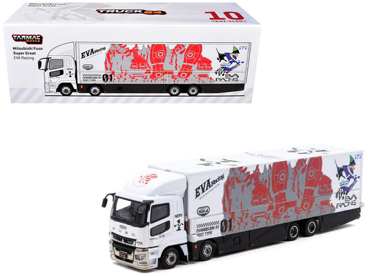 Mitsubishi Fuso Super Great Truck with Transporter "EVA Racing" White with Graphics "Truck64" Series 1/64 Diecast Model Car by Tarmac Works by Tarmac Works