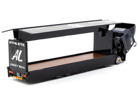 Mitsubishi Fuso Super Great Truck RHD (Right Hand Drive) with Transporter "Liberty Walk" Black "Truck64" Series 1/64 Diecast Model Car by Tarmac Works by Tarmac Works