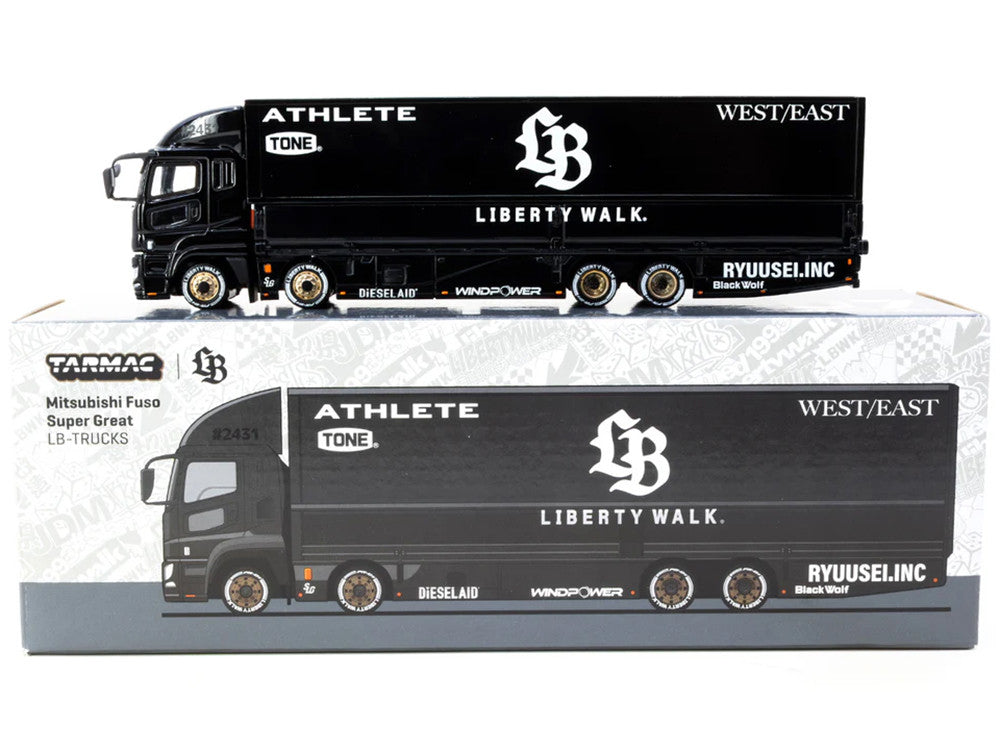 Mitsubishi Fuso Super Great Truck RHD (Right Hand Drive) with Transporter "Liberty Walk" Black "Truck64" Series 1/64 Diecast Model Car by Tarmac Works by Tarmac Works