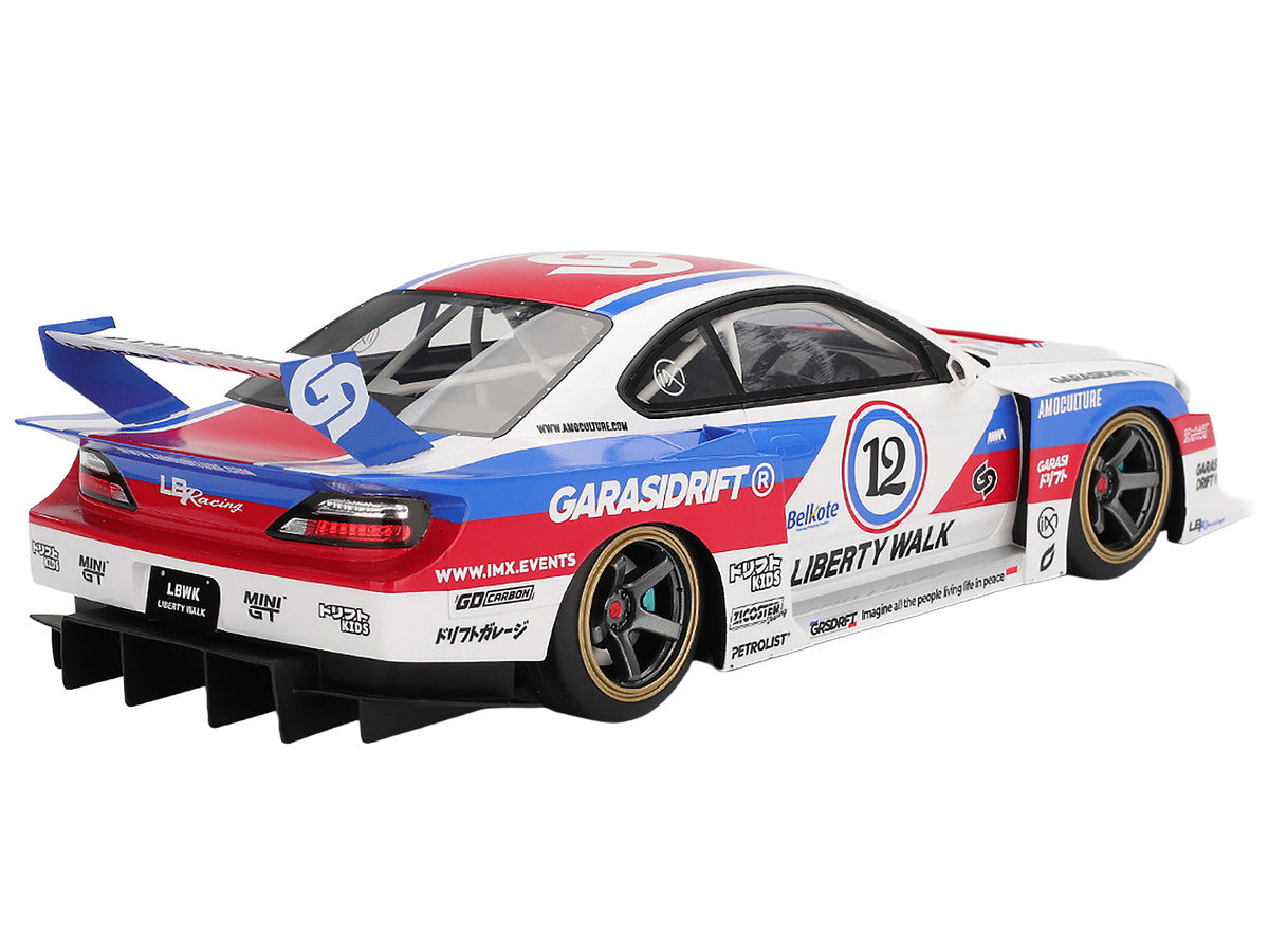 Nissan "LB-Super Silhouette" S15 SILVIA RHD (Right Hand Drive) #12 "GARASIDRIFT" White with Red and Blue Graphics 1/18 Model Car by Top Speed by Top Speed