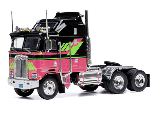 1976 Kenworth K100 Aerodyne Truck Tractor Black and Pink with Graphics 1/64 Diecast Model by IXO Models by IXO