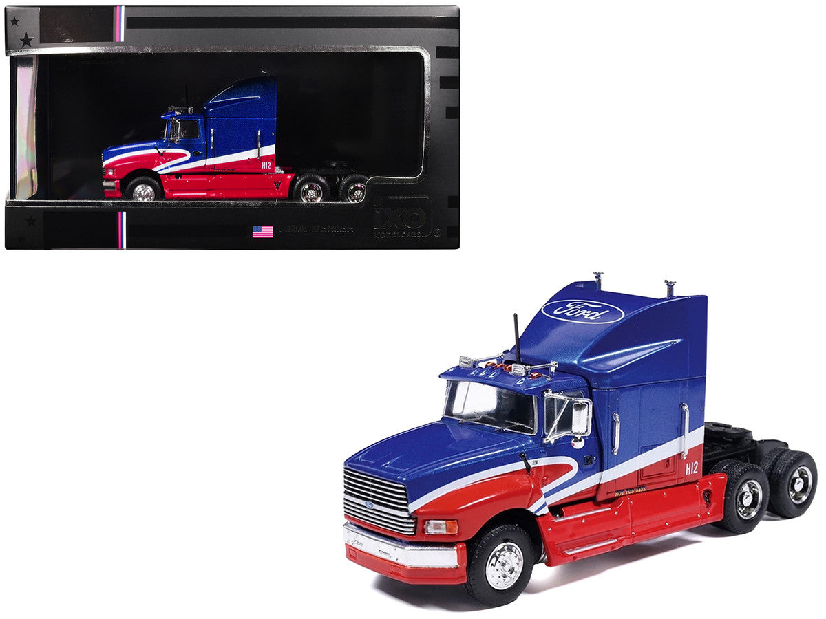 1990 Ford Aeromax Truck Tractor Blue Metallic and Red with White Stripes 1/64 Diecast Model Car by IXO Models-0