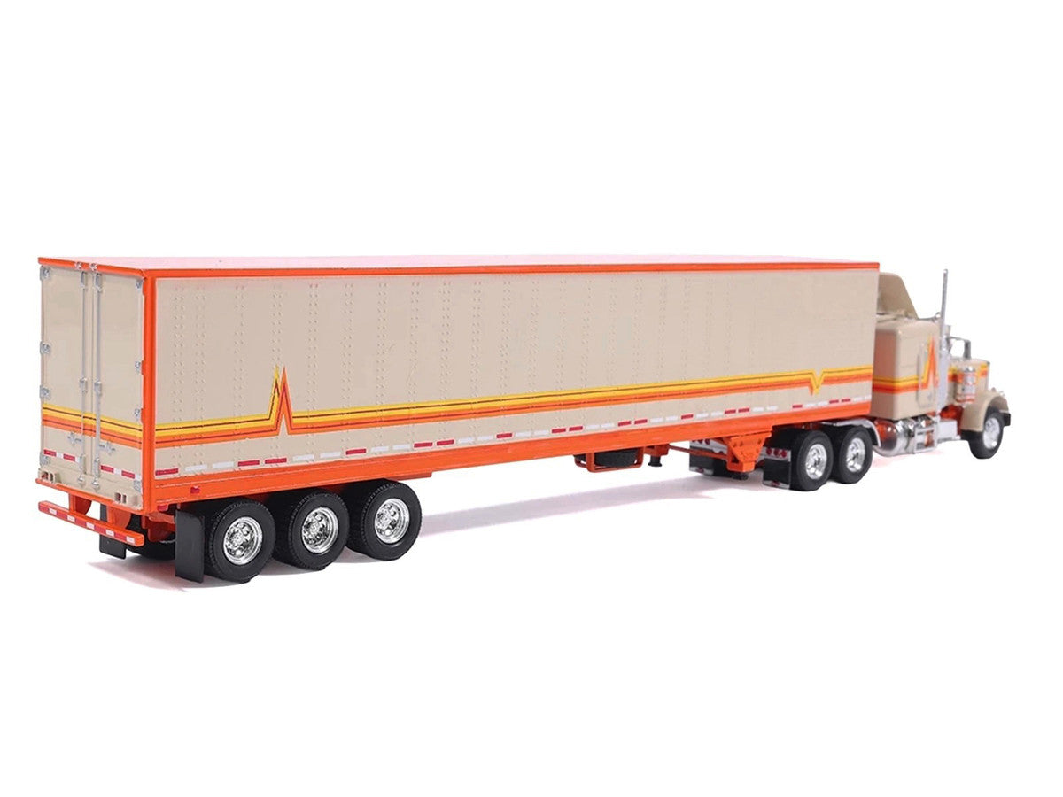 1973 Peterbilt 359 Truck Tractor with Sleeper Cab Cream with Orange and Yellow Stripes and Refrigerate Modern Trailer 1/64 Diecast Model Car by IXO Models-2