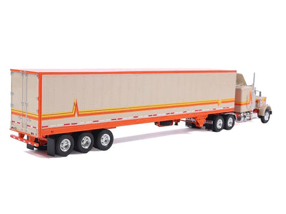 1973 Peterbilt 359 Truck Tractor with Sleeper Cab Cream with Orange and Yellow Stripes and Refrigerate Modern Trailer 1/64 Diecast Model Car by IXO Models-2