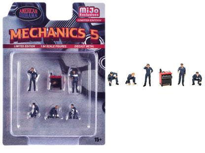 "Mechanics #5" 6 piece Diecast Figure Set (5 Figures 1 Tool Cabinet) Limited Edition for 1/64 Scale Models by American Diorama by American Diorama