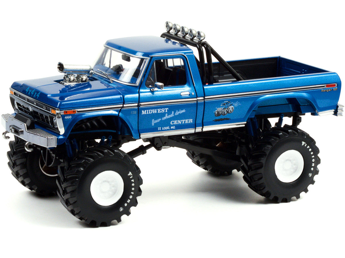 1974 Ford F-250 Ranger XLT Monster Truck with 48-Inch Tires Blue Metallic "Midwest Four Wheel Drive Center" "Kings of Crunch" Series 1/18 Diecast Model Car by Greenlight by Greenlight