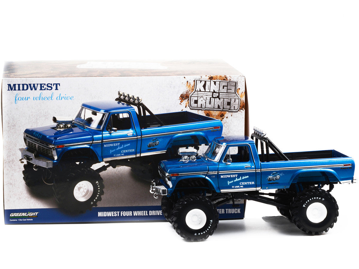 1974 Ford F-250 Ranger XLT Monster Truck with 48-Inch Tires Blue Metallic "Midwest Four Wheel Drive Center" "Kings of Crunch" Series 1/18 Diecast Model Car by Greenlight by Greenlight
