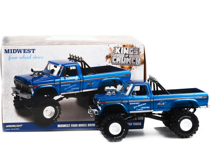 1974 Ford F-250 Ranger XLT Monster Truck with 48-Inch Tires Blue Metallic "Midwest Four Wheel Drive Center" "Kings of Crunch" Series 1/18 Diecast Model Car by Greenlight by Greenlight