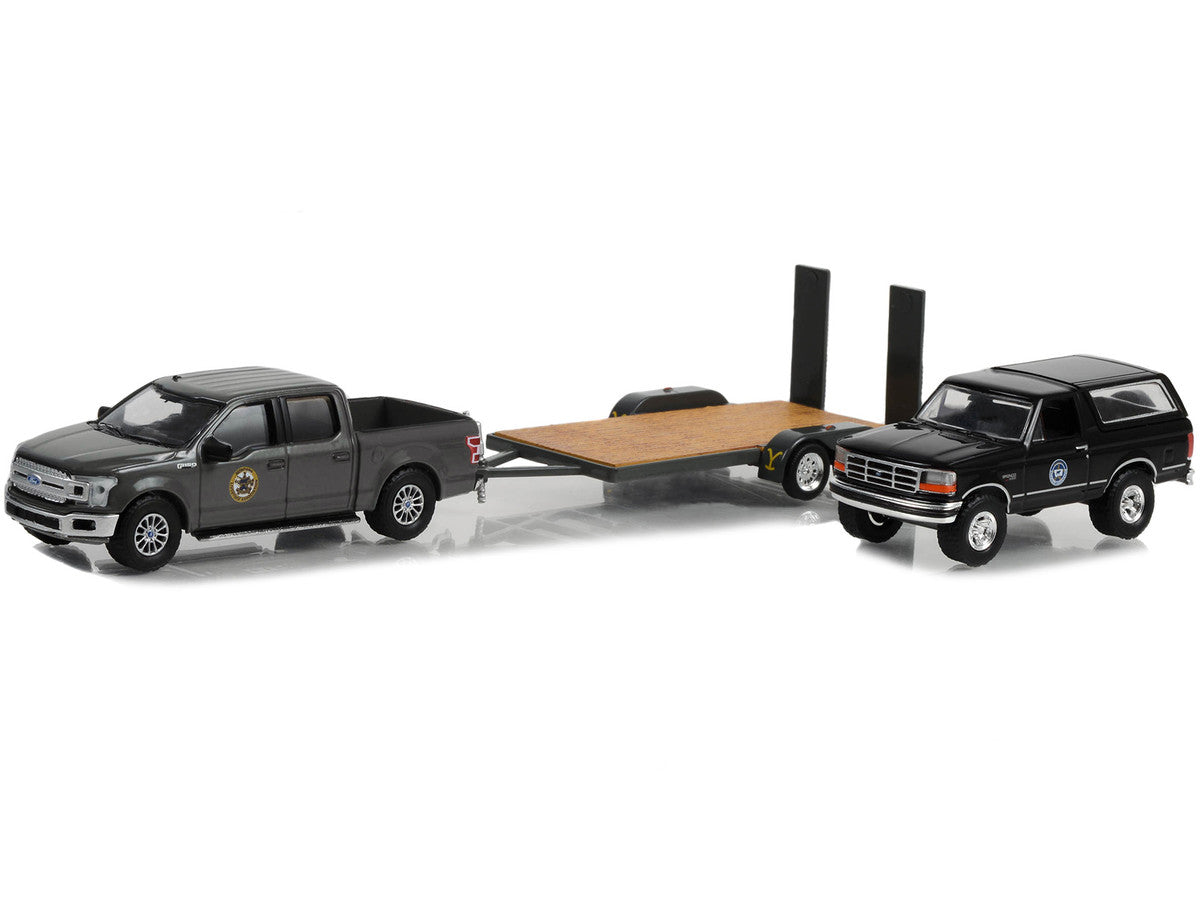 2018 Ford F-150 Pickup Truck Gray with 1992 Ford Bronco "Montana Livestock Association" Black and Flatbed Car Trailer "Yellowstone" (2018-Current) TV Series "Hollywood Hitch & Tow" Series 11 1/64 Diecast Model Cars by Greenlight by Greenlight