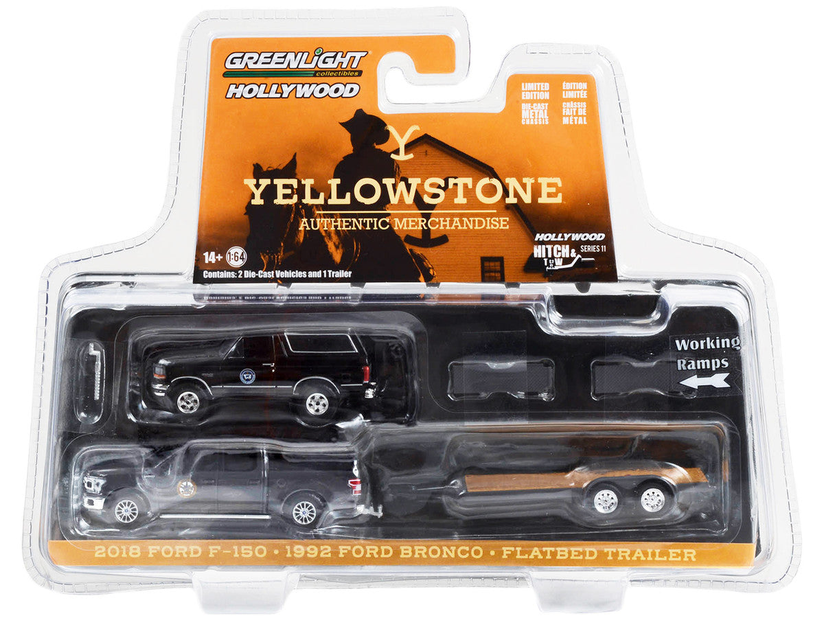 2018 Ford F-150 Pickup Truck Gray with 1992 Ford Bronco "Montana Livestock Association" Black and Flatbed Car Trailer "Yellowstone" (2018-Current) TV Series "Hollywood Hitch & Tow" Series 11 1/64 Diecast Model Cars by Greenlight by Greenlight