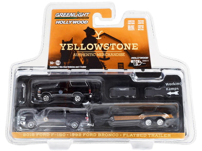 2018 Ford F-150 Pickup Truck Gray with 1992 Ford Bronco "Montana Livestock Association" Black and Flatbed Car Trailer "Yellowstone" (2018-Current) TV Series "Hollywood Hitch & Tow" Series 11 1/64 Diecast Model Cars by Greenlight by Greenlight