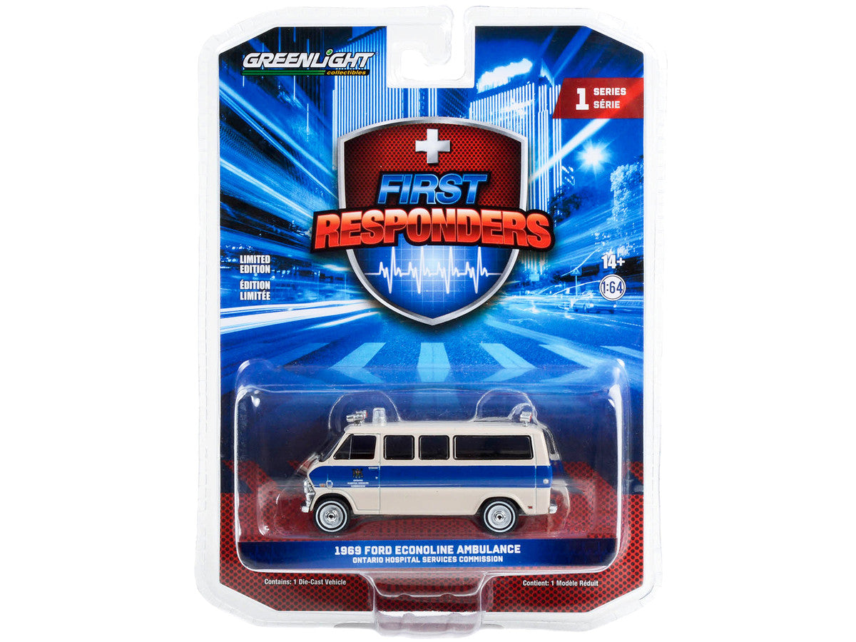 1969 Ford Econoline Ambulance Beige with Blue Stripes "Ontario Hospital Services Commission Ontario Canada" "First Responders" Series 1 1/64 Diecast Model Car by Greenlight by Greenlight