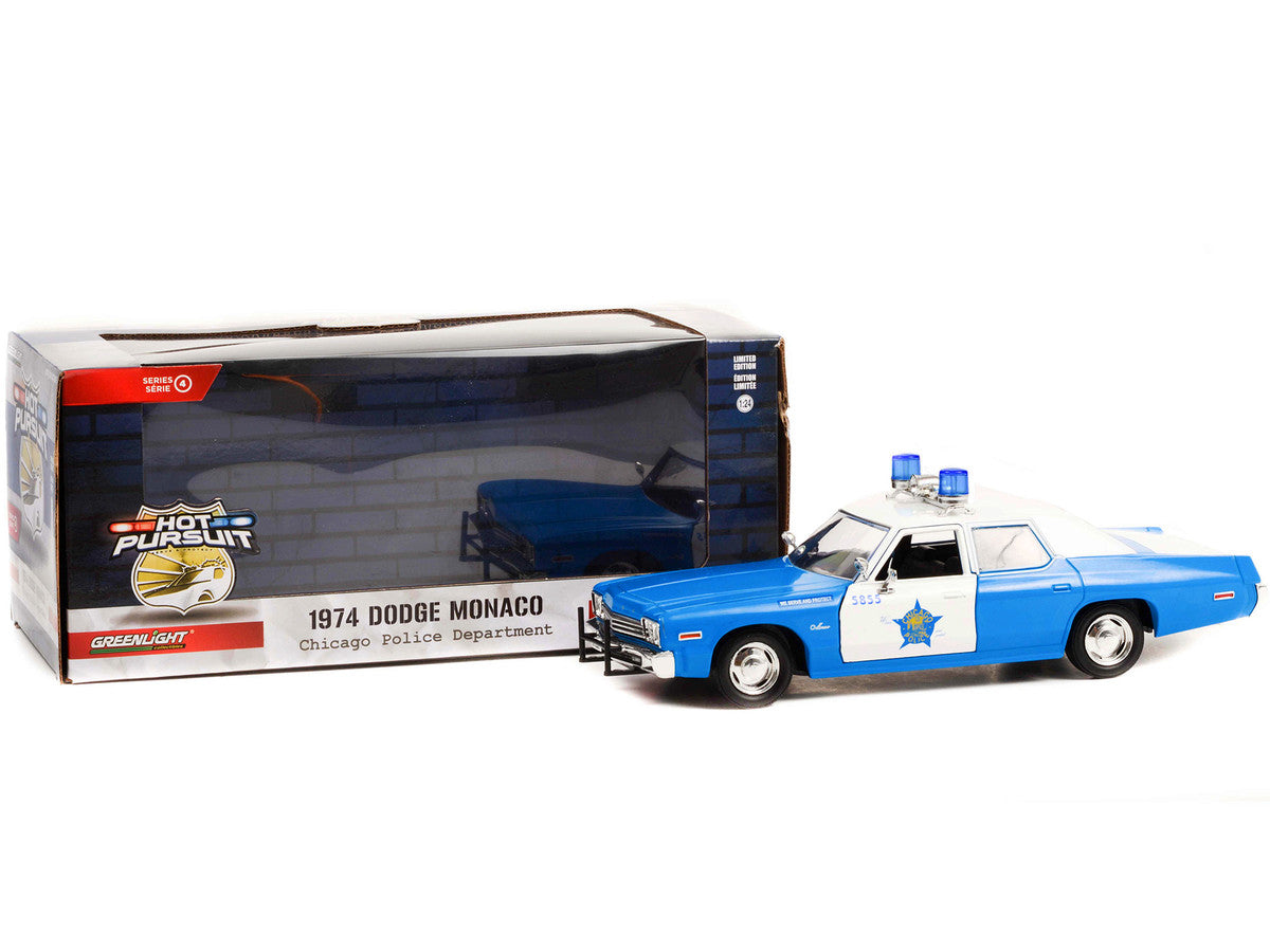 1974 Dodge Monaco Blue and White CPD "Chicago Police Department" (Illinois) "Hot Pursuit" Series 1/24 Diecast Model Car by Greenlight by Greenlight
