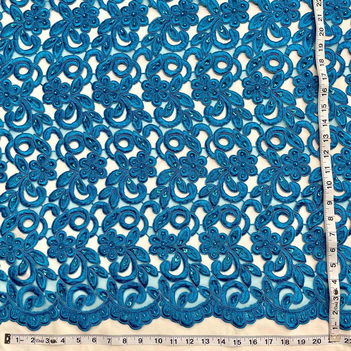 Beaded & Corded Bridal Lace Fabric Embroidered on 100% Polyester Net Mesh  | Lace USA -90726N-BP
